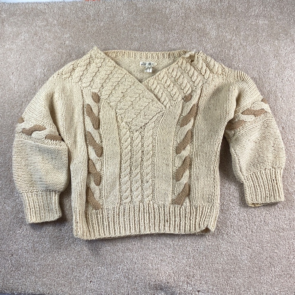 Alibi Vintage Pure New Wool Chunky Cable Knit Sweater Cream Tan Portugal Womens